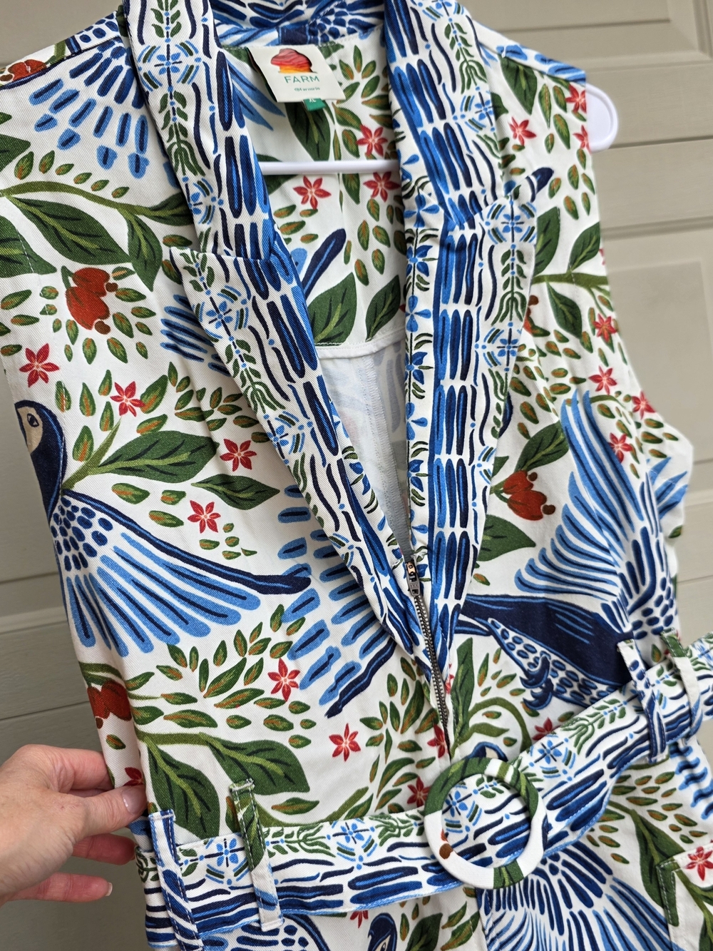 Farm Rio Macaw Flight jumpsuit with blue and green tropical birds - Picture 6 of 12